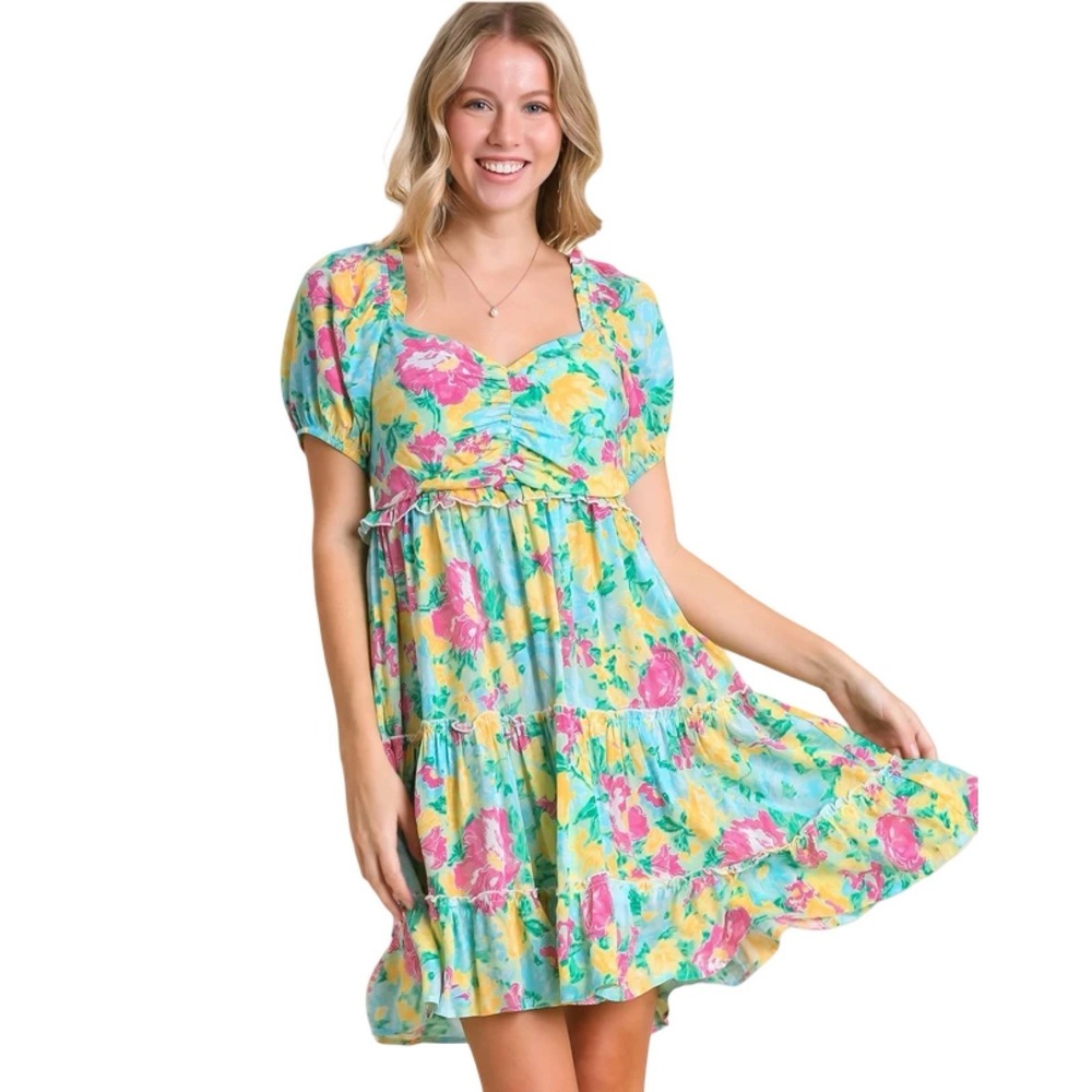 UMGEE Women's Bright Pink And Turquoise Puff Sleeve Dress Size Large NWT